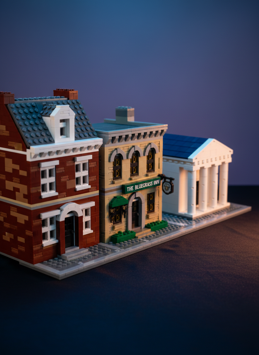 A finely detailed LEGO diorama of Bardstown’s historic main street at dusk, featuring multiple period buildings with varied facades: a Federal-style brick townhouse, a limestone-fronted inn, and a small Greek Revival structure. Each building displays carefully arranged brick patterns, tiny cornices, and recessed doorways using specialized elements. The scene rests on a dark, satin tabletop, with the environment fading into a deep, unobtrusive backdrop. A subtle, cool studio light from above and a warmer side light emulate twilight street illumination, casting elegant, elongated shadows between structures. Photographic realism captures every stud and texture, with a moderate depth of field leading the eye down the miniature streetscape. The mood is quietly dramatic and sophisticated, evoking a museum-quality architectural model.