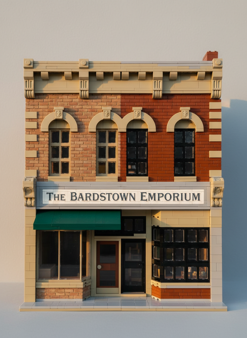 A side-by-side composition of a historic Bardstown brick storefront and its LEGO counterpart, the real building on the left and the model on the right, perfectly aligned in perspective. The original facade shows weathered red brick, ornate stone lintels, and a faded painted sign, while the LEGO version mirrors these details with reddish-brown bricks, tan tiles, and printed tiles for signage. Shot in photographic realism with soft golden hour light unifying both halves, warm highlights brush the window frames and cornices. A clean, neutral background ensures all attention remains on architectural correspondences. The atmosphere is sophisticated and scholarly, emphasizing architectural study. Captured front-on with sharp focus throughout, the composition feels like a visual thesis on translating real-world heritage into brick form.