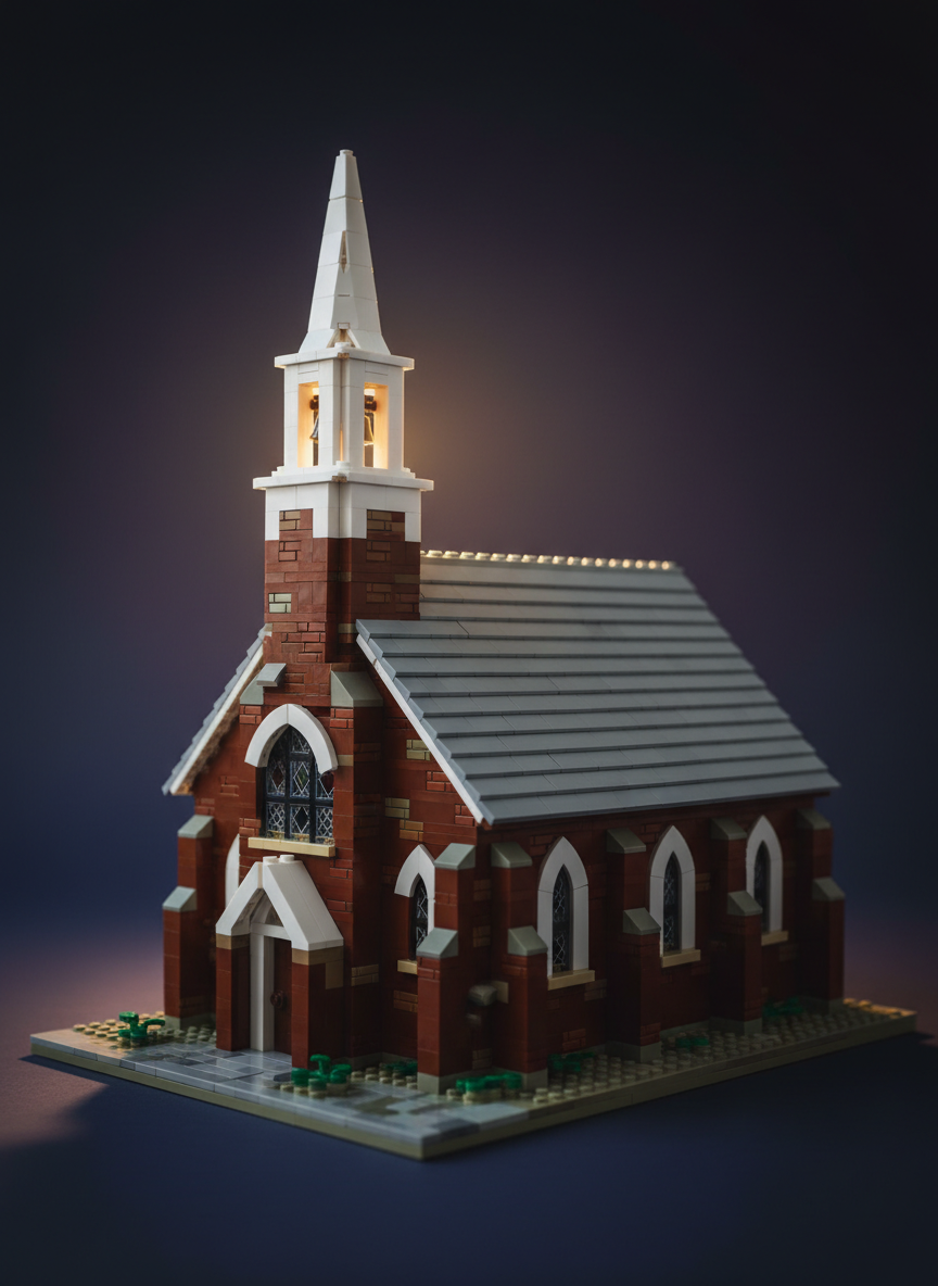 A close-up, low-angle photographic view of a LEGO recreation of a specific Bardstown landmark: an early 1800s brick church with a slender white steeple and slate-gray roof tiles. The facade shows carefully staggered dark red and brown bricks, arched stained-glass windows made from translucent colored elements, and a small bell suggested by metallic pieces within the tower. The model stands on a muted stone-textured base, hinting at a churchyard. Soft morning light from behind the steeple produces a subtle halo effect and crisp rim lighting along the roofline, while the foreground remains in gentle shadow. The background is a dark, velvety gradient, isolated by shallow depth of field. The atmosphere is reverent and dignified, underscoring Bardstown’s spiritual and architectural history translated into brick form.